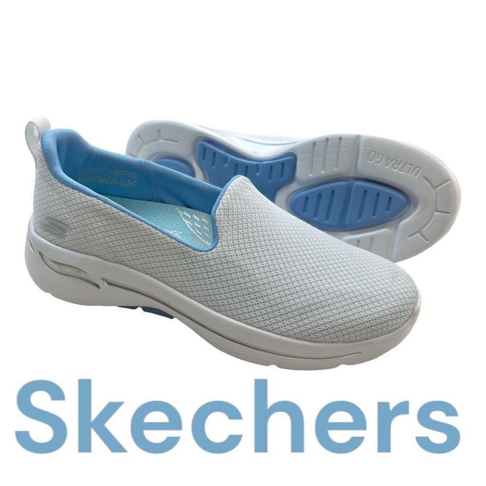 Skechers Womens Go Walk Arch Fit Slip-On Walking Shoes White Light Blue Size 5.5